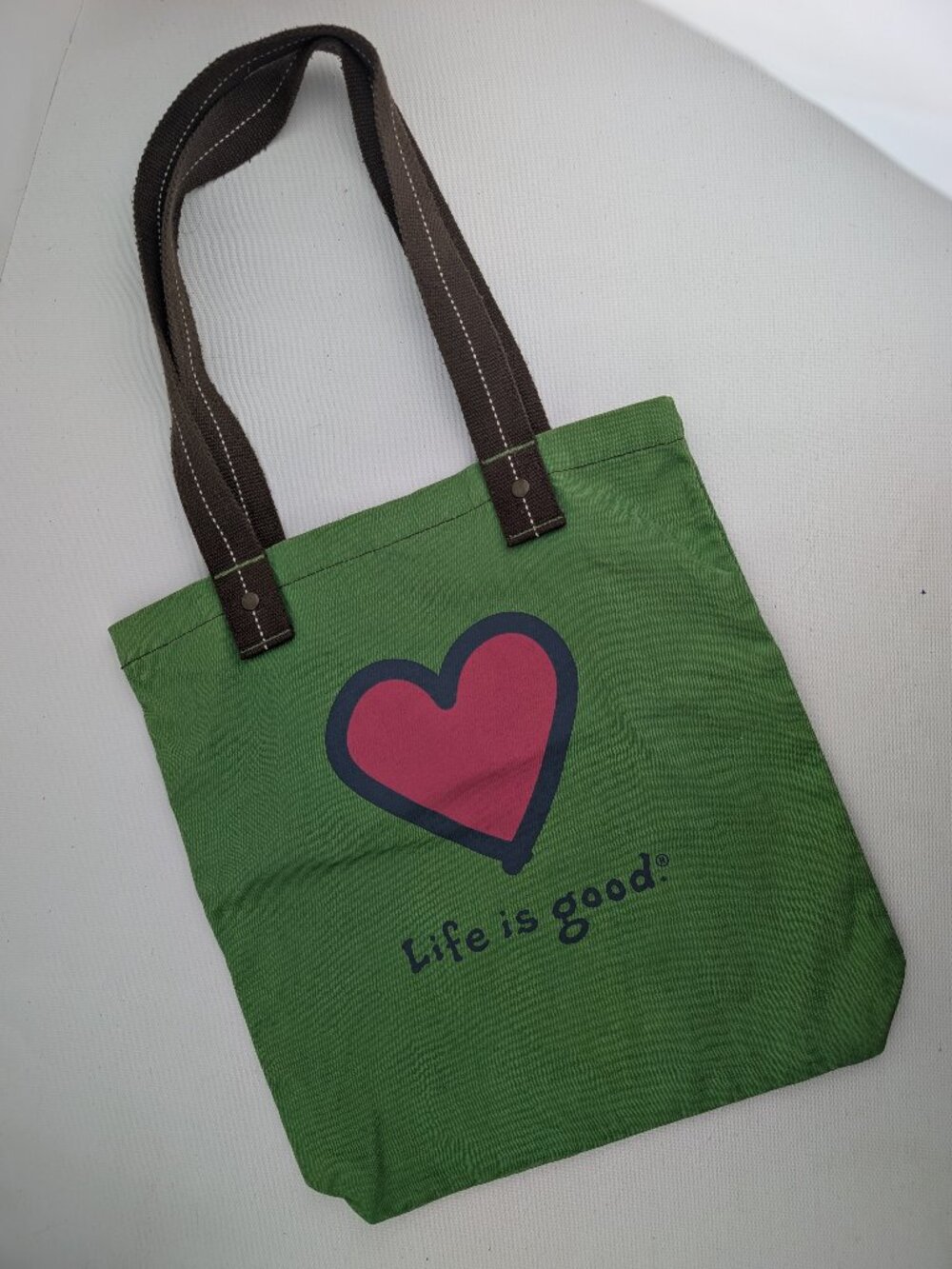 Life is Good Green Canvas Tote Heart Brown Strap Handles Bag Pre Owned 13" x 13"